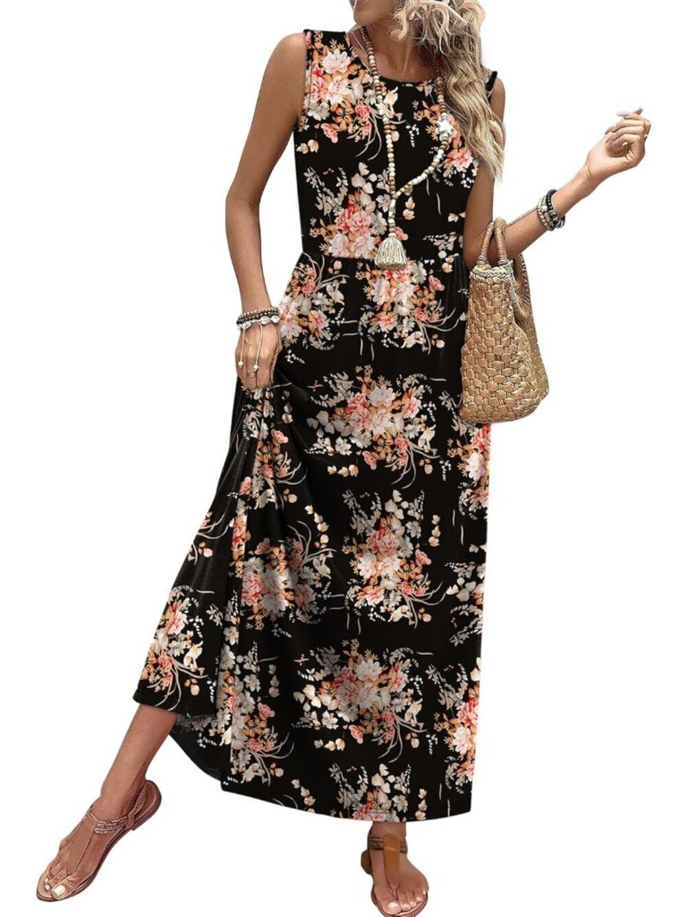 Women Floral Black Pull On A Line Sleeveless Sundresses Pockets Maxi Dresses